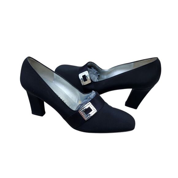 St. John Black Fabric Square Crystal Accent Italian Pumps 7 - Picture 7 of 8